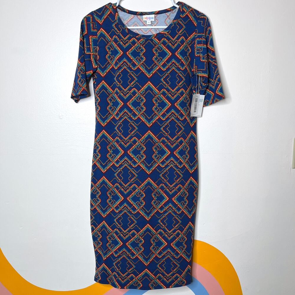 Lularoe Julia Sheath Midi Dress Printed Short Sleeve Women Blue Geometric S NWT‎